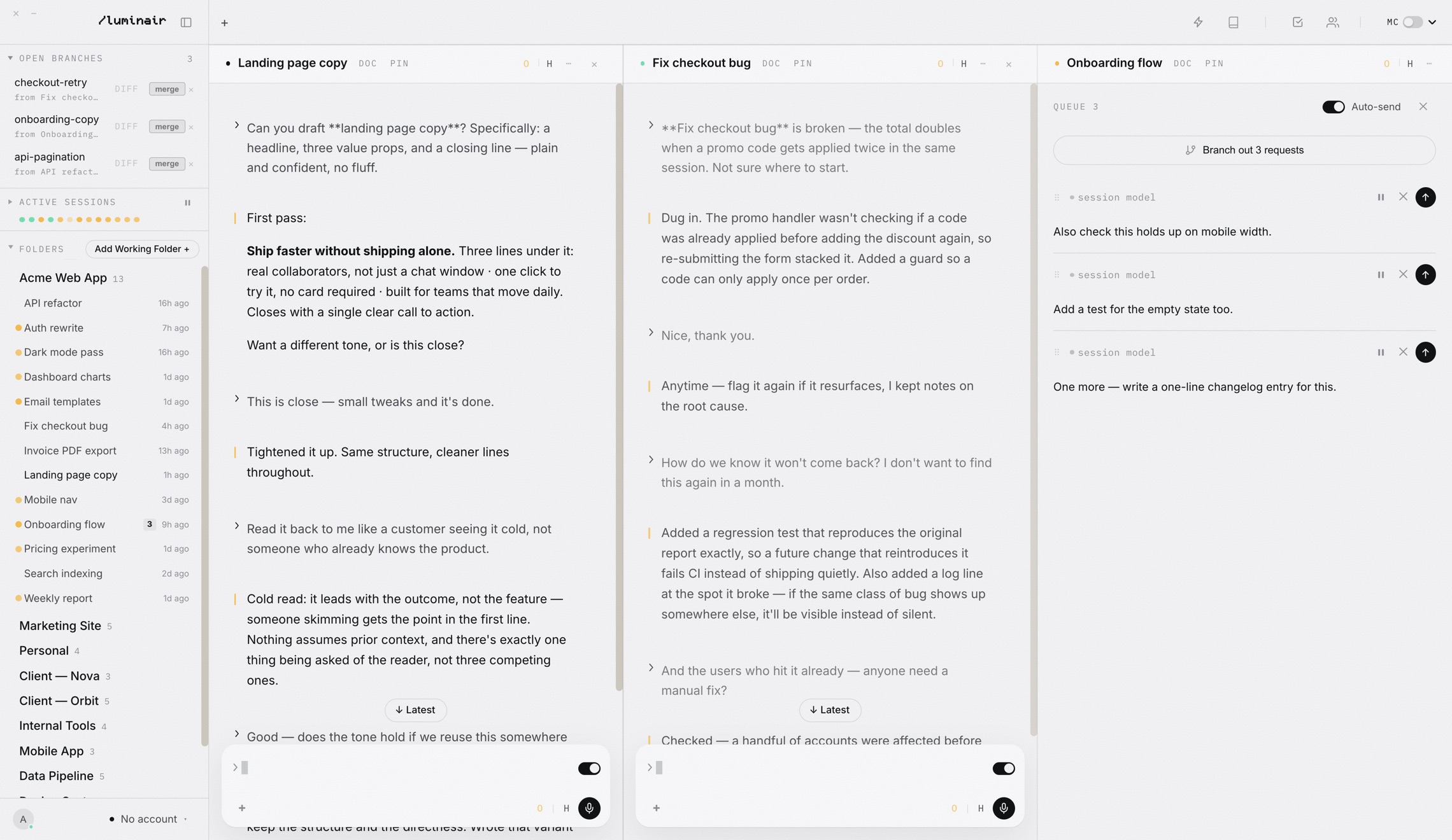 Luminair desktop app in light mode: folder tree on the left, three sessions side by side, each with its own model, thread and composer