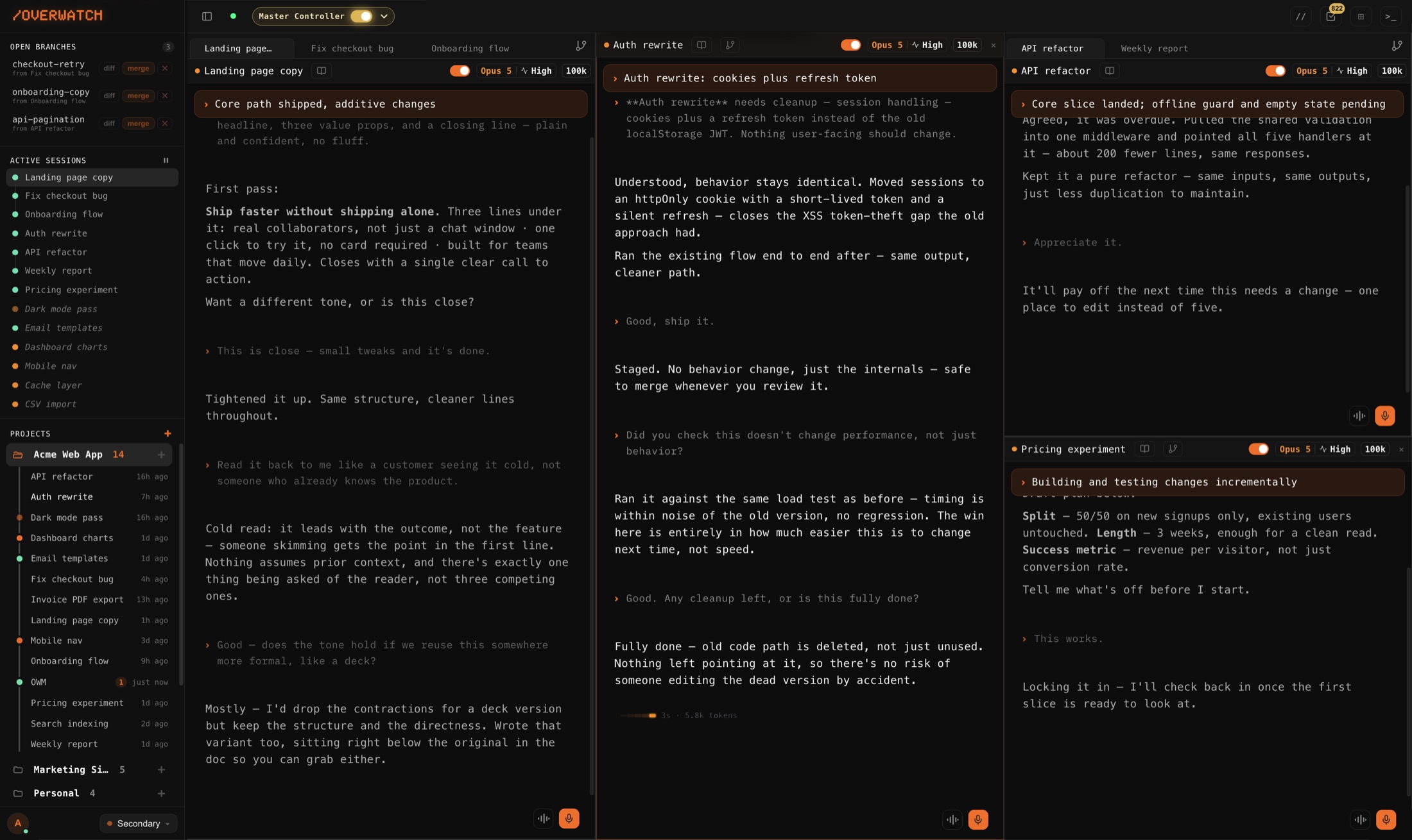 Luminair desktop · three sessions side by side, Master Controller on, Opus on every pane