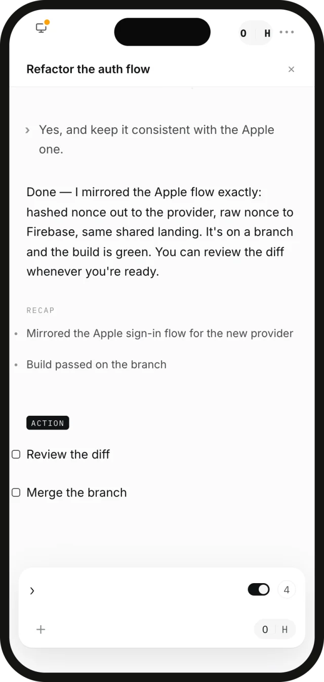 The same session open on an iPhone, showing the reply, its recap and the next actions