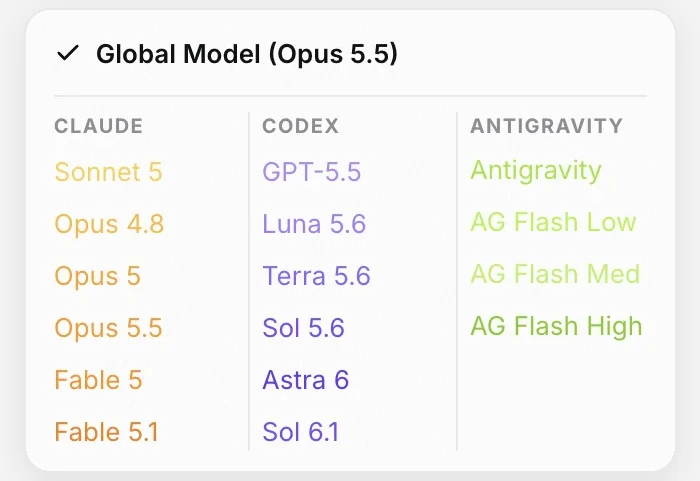 The Luminair model picker with Claude, Codex and Antigravity models